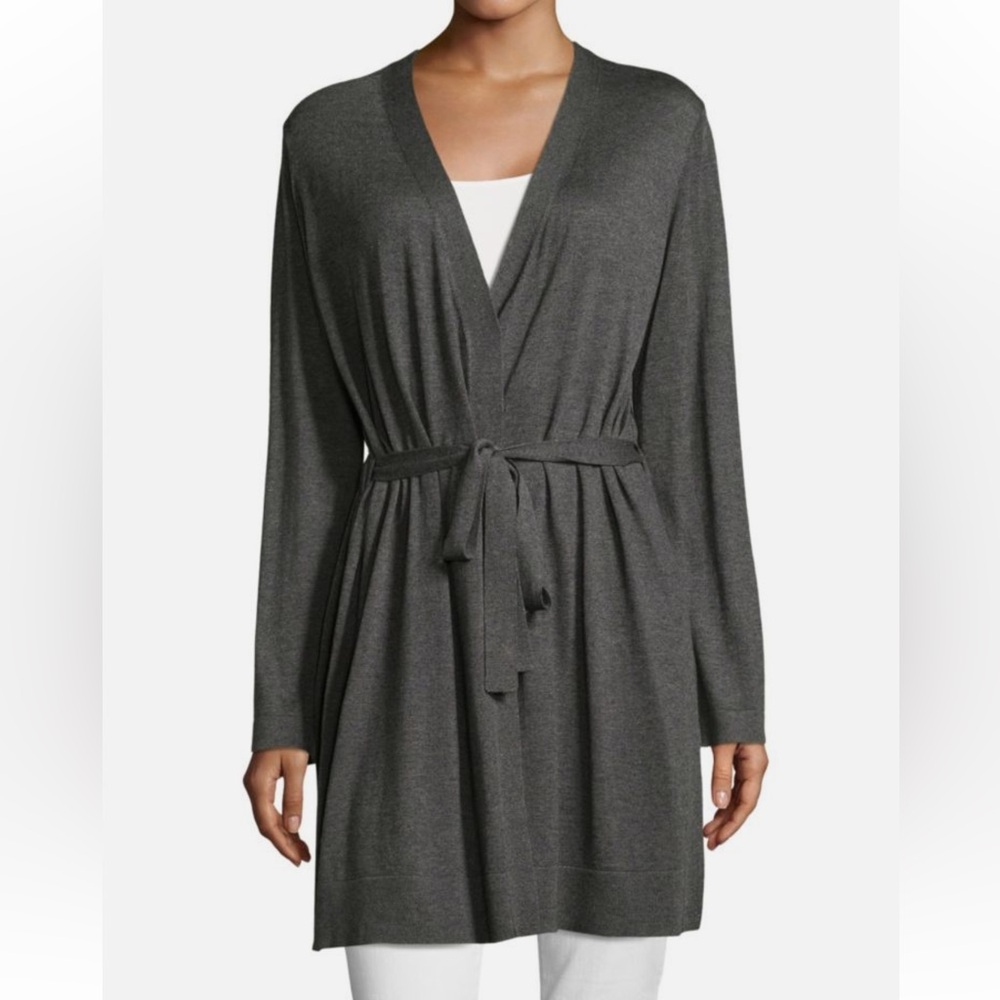 Eileen Fisher Silk Blend Longline Cardigan Gray Tie Front Side Slit Light-XL